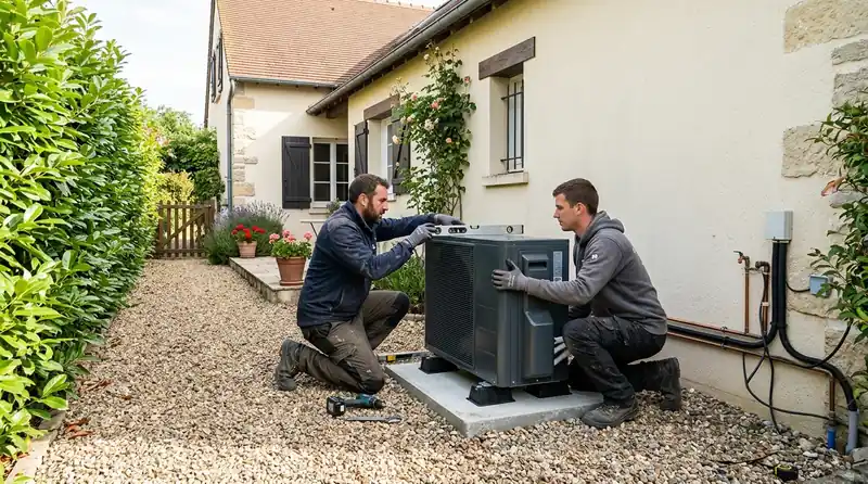Installateur raccordant l'unité extérieure d'une pompe à chaleur dans le Ain