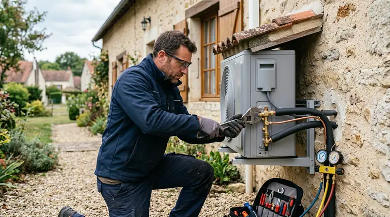 Installateur raccordant l'unité extérieure d'une pompe à chaleur air/eau contre une maison
